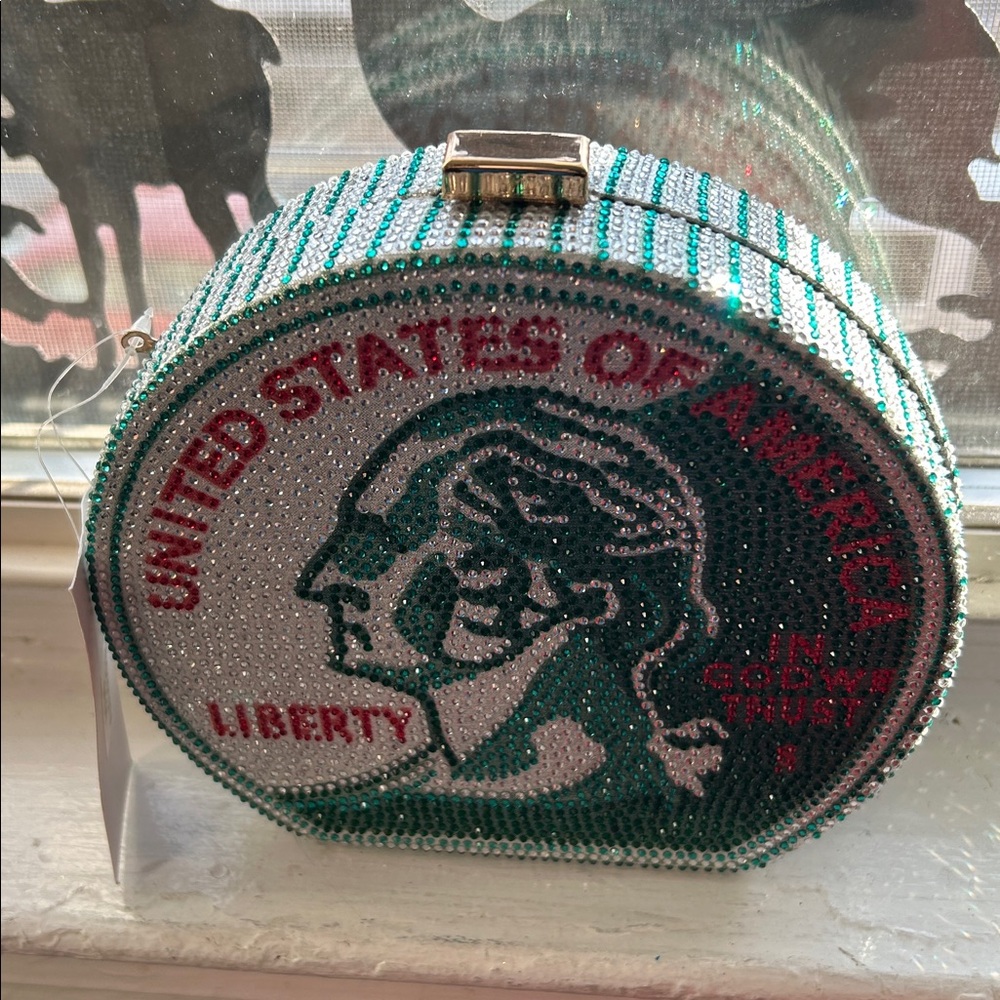 Unni Green and Silver Coin Clutch nwt